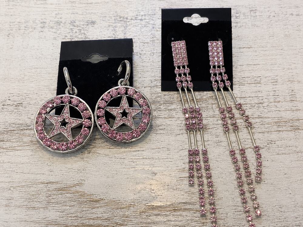 Silver Tone Pink Rhinestone Earrings Set Star Hoop Long Dangle Push Back Earring